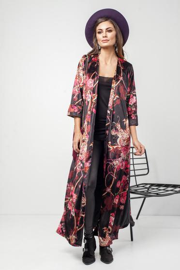Cardigan PrettyGirl negru casual din catifea cu imprimeu floral