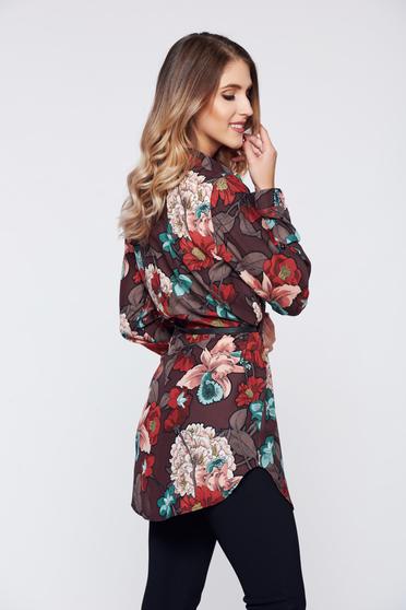 Camasa dama maro-inchis casual cu croi larg cu imprimeu floral