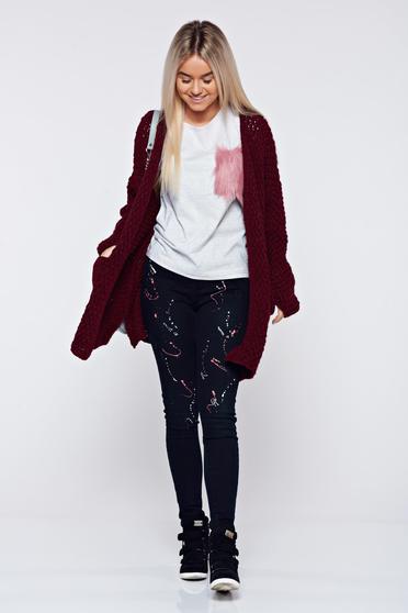 Cardigan visiniu casual tricotat cu buzunare