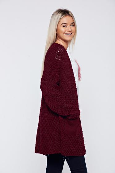 Cardigan visiniu casual tricotat cu buzunare