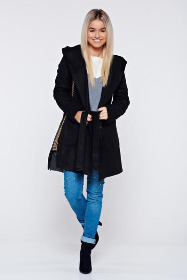 Cardigan negru casual cu buzunare accesorizat cu cordon