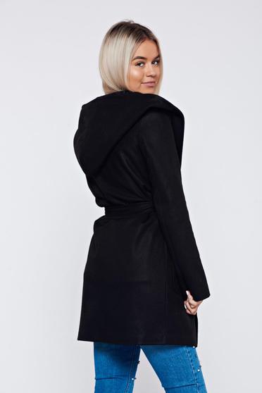 Cardigan negru casual cu buzunare accesorizat cu cordon