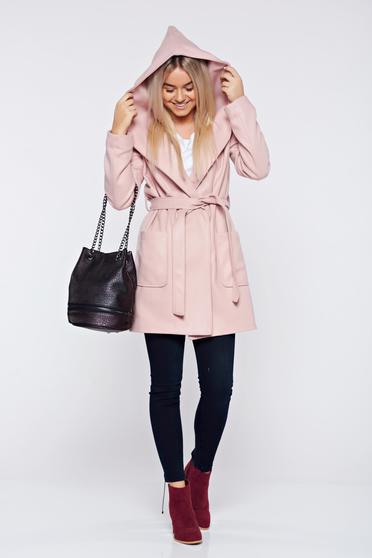 Cardigan rosa casual cu buzunare accesorizat cu cordon