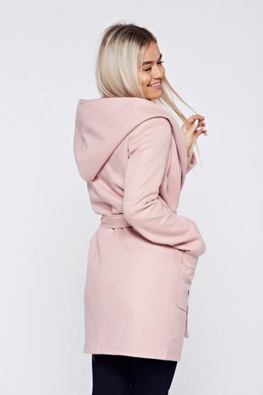 Cardigan rosa casual cu buzunare accesorizat cu cordon