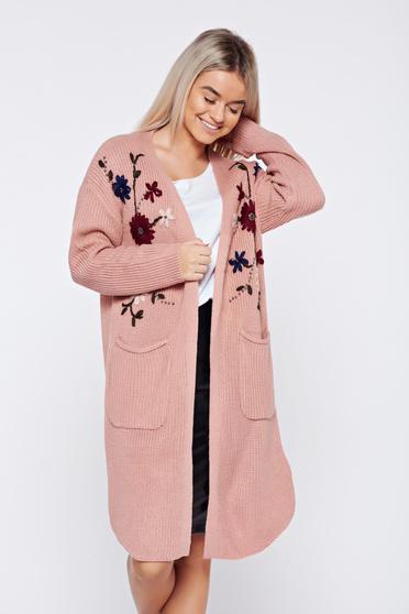 Cardigan rosa casual brodat tricotat cu buzunare