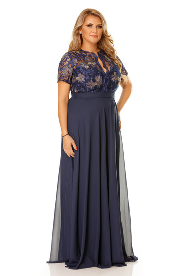 Rochie albastra de ocazie in clos din voal captusita pe interior cu insertii de broderie