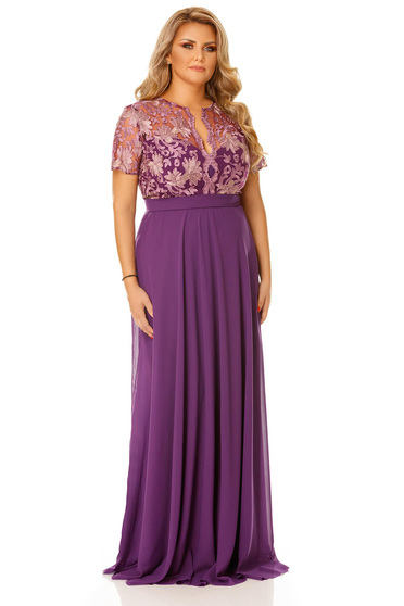 Rochie mov de ocazie in clos din voal captusita pe interior cu insertii de broderie