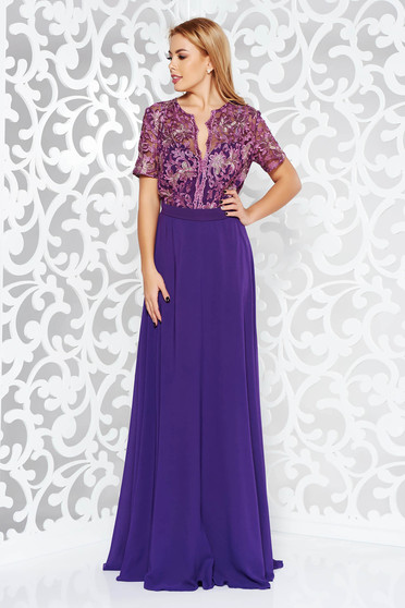 Rochie mov de ocazie in clos din voal captusita pe interior cu insertii de broderie