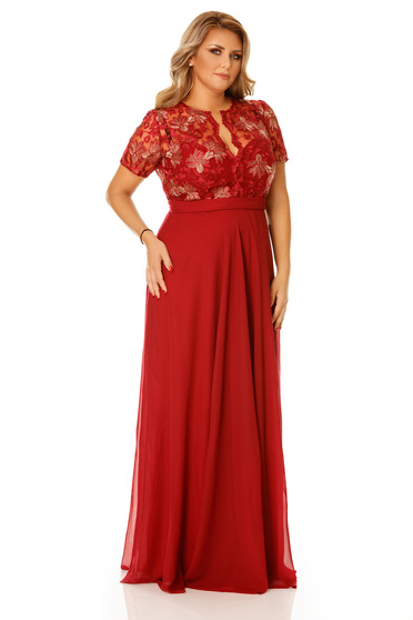 Rochie visinie de ocazie cu decolteu cu insertii de broderie