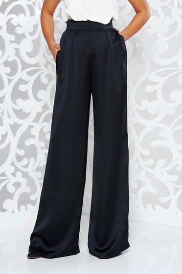 Pantaloni StarShinerS negri eleganti evazati cu talie inalta din satin