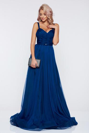 poze cu Rochie Ana Radu albastra de seara cu bretele accesorizata cu cordon