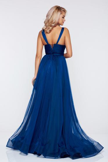 poze cu Rochie Ana Radu albastra de seara cu bretele accesorizata cu cordon