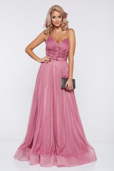 Rochie Ana Radu rosa de lux tip corset din tul captusita pe interior cu pietre strass