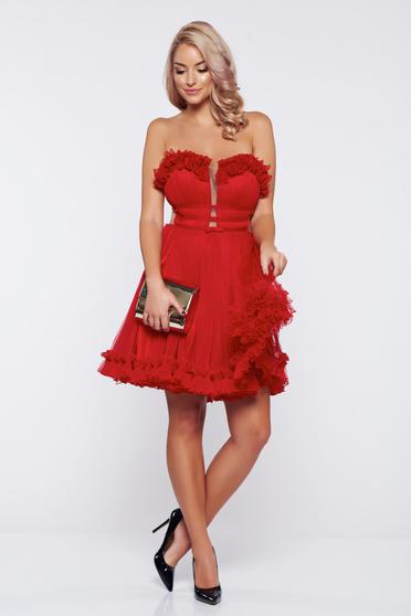 poze cu Rochie Ana Radu rosie de ocazie din tul accesorizata cu o fundita