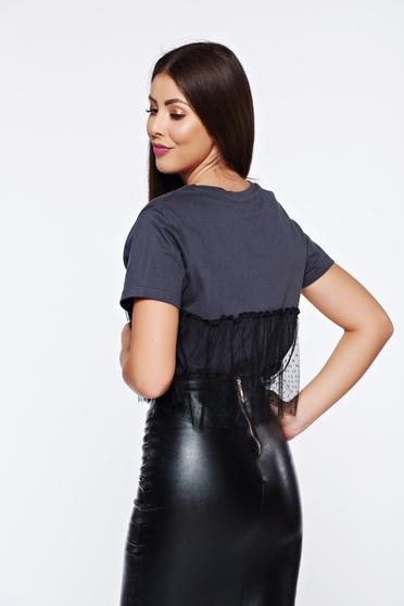 Tricou Top Secret gri-inchis casual din bumbac aplicatii de tulle