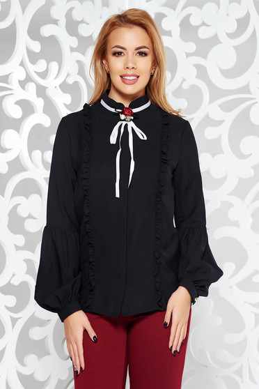 Camasa dama Fofy neagra eleganta cu croi larg din voal cu brosa in forma de floare