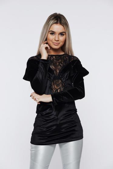 Bluza dama Ocassion neagra eleganta din catifea cu aplicatii de dantela