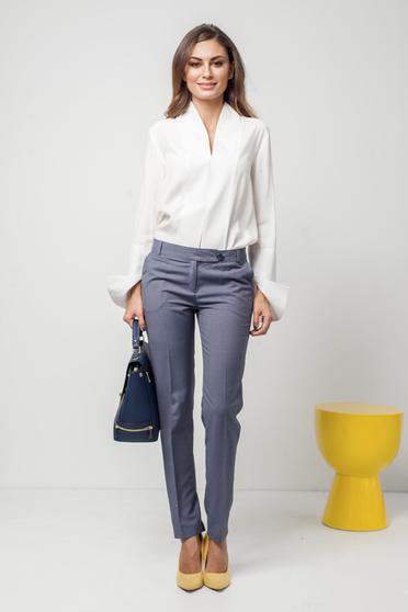 Pantaloni gri office PrettyGirl din stofa cu talie medie cu buzunare
