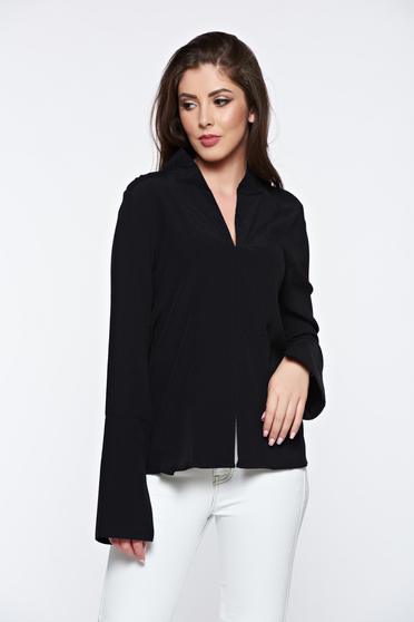 Camasa dama PrettyGirl neagra office cu decolteu in v guler inalt