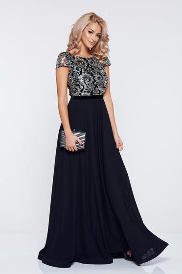 Rochie StarShinerS neagra de ocazie din voal cu aplicatii cu paiete