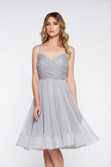 Rochie Ana Radu gri de lux in clos din tul captusita pe interior cu bust buretat