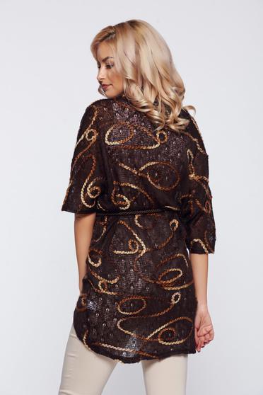 poze cu Cardigan PrettyGirl maro casual tricotat brodat cu flori in relief