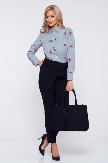 Camasa dama Artista neagra cu dungi office din bumbac cu insertii de broderie