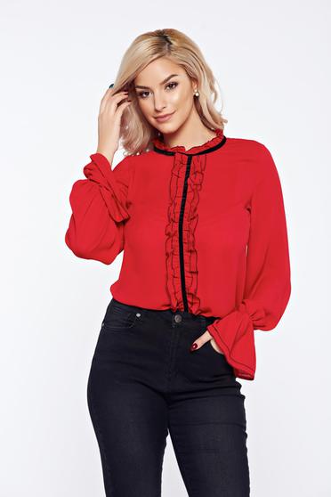 Bluza dama rosie LaDonna office eleganta din voal cu volanase