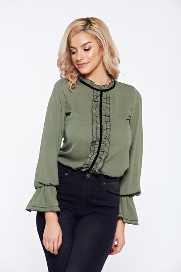 Bluza dama verde-inchis LaDonna office eleganta din voal cu volanase