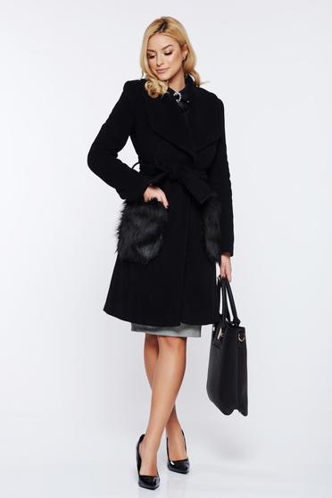 Palton LaDonna negru elegant din lana cu insertii de blana ecologica nedetasabile