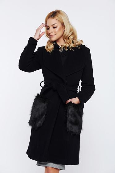 poze cu Palton LaDonna negru elegant din lana cu insertii de blana ecologica nedetasabile