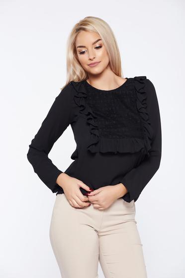 Bluza dama LaDonna neagra office cu aplicatii de dantela cu volanase