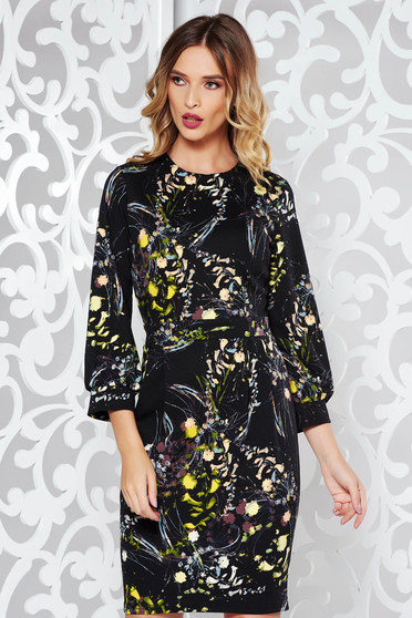 Rochie PrettyGirl neagra de zi tip creion din material usor elastic cu maneci bufante