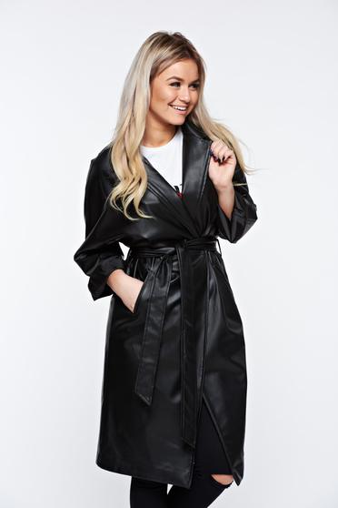 Trench Ocassion negru casual cu buzunare accesorizat cu cordon