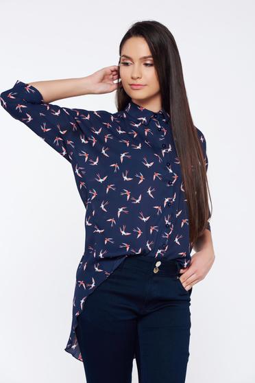 Camasa dama PrettyGirl albastru-inchis casual asimetrica cu imprimeuri grafice