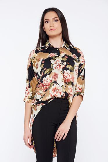 Camasa dama PrettyGirl crem casual asimetrica cu imprimeuri grafice