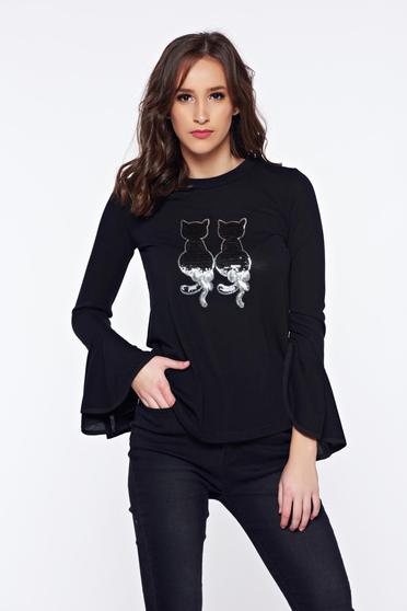 Pulover PrettyGirl negru casual cu croi larg cu maneci clopot