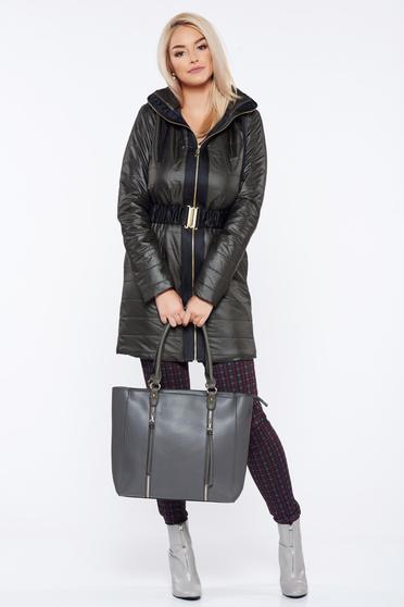 Geaca PrettyGirl gri-inchis casual din fas accesorizata cu cordon