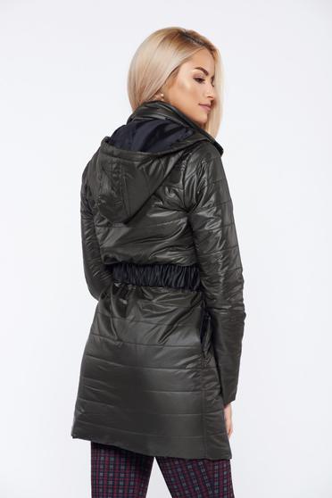 Geaca PrettyGirl gri-inchis casual din fas accesorizata cu cordon