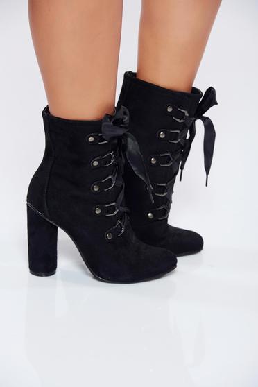 Botine neagra casual din piele intoarsa ecologica cu siret