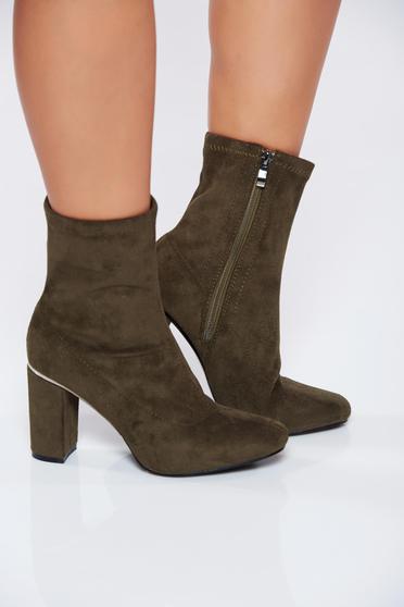 Botine verzi casual din piele intoarsa ecologica cu toc patrat
