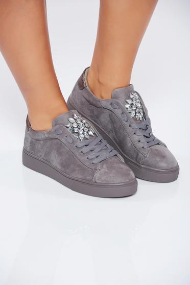 Pantofi sport gri casual din piele ecologica cu pietre strass