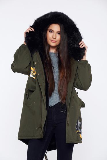 Geaca verde-inchis casual cu tinte metalice material de fas
