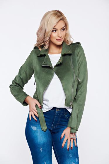 Geaca verde-inchis casual din velur accesorizata cu cordon