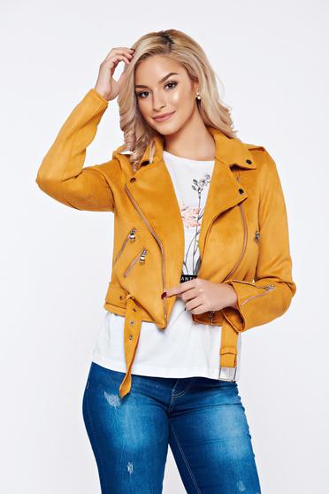 Geaca galbena casual din velur accesorizata cu cordon