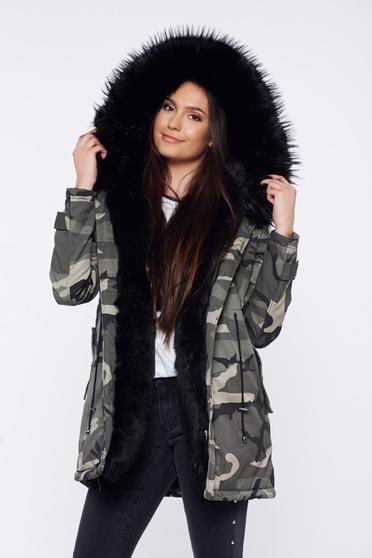 Geaca khaki casual cu blana ecologica