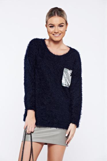Pulover albastru-inchis casual tricotat aplicatii cu paiete