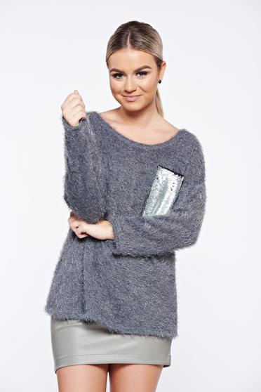 Pulover gri casual tricotat aplicatii cu paiete