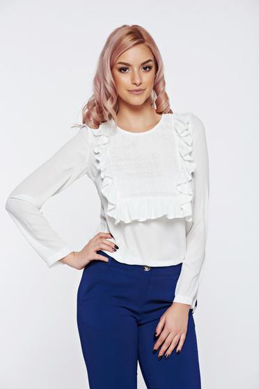 Bluza dama LaDonna alba office cu aplicatii de dantela cu volanase