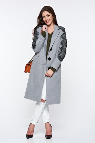 Palton LaDonna gri cu aplicatii de dantela elegant drept captusit pe interior